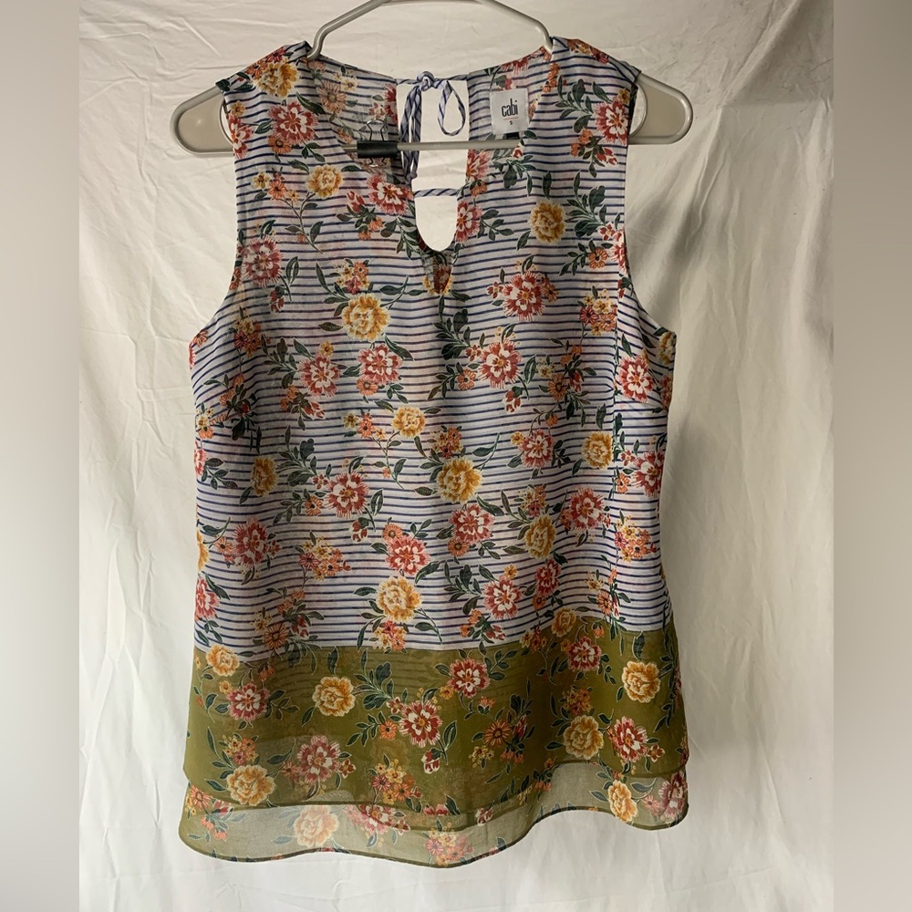 Cabi Women's Multicolor Floral Stripe Sleeveless Keyhole Tie V-Neck Blouse Small